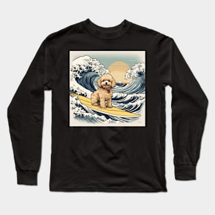 Funny Mini Goldendoodle Surfing in Vintage The Great Wave Off Kanagawa Long Sleeve T-Shirt